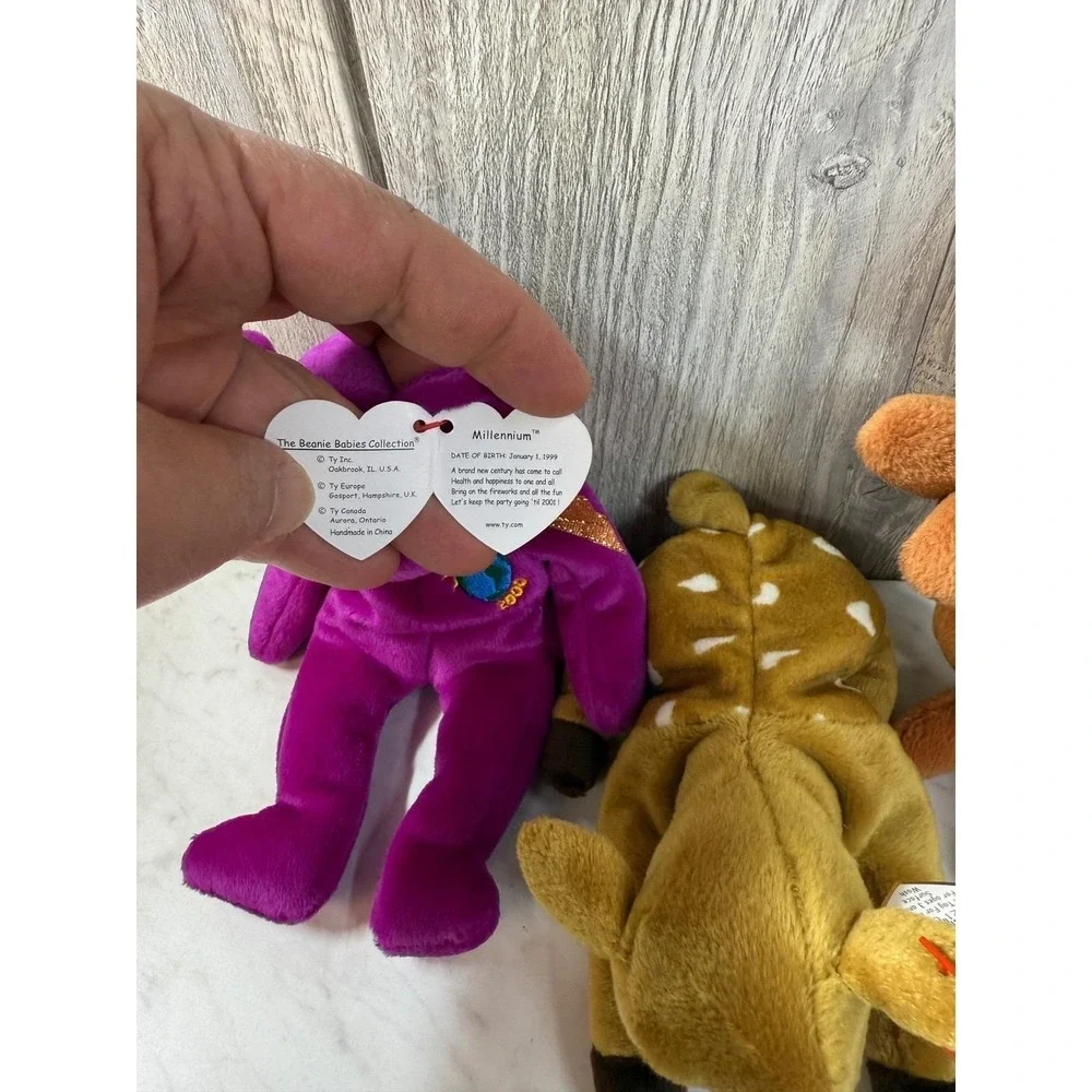 Ty Beanie Babies Lot 3 Millennium Purple Bear Whisper Deer Pouch Kangaroo Tags